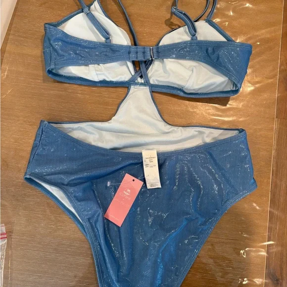 Blue Shimmer cut out One Piece Swimsuit L - Picture 2 of 5